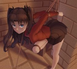 Rule 34 | 1girl, absurdres, arms behind back, bdsm, bent over, black hair, black legwear, black ribbon, black skirt, blue eyes, bondage, bound, breasts, closed mouth, fate/stay night, fate (series), female focus, hair ribbon, highres, huge filesize, lattetrouble, long hair, looking at viewer, looking up, red shirt, restraints, ribbon, shirt, skirt, small breasts, solo, tohsaka rin, twitter username, two side up