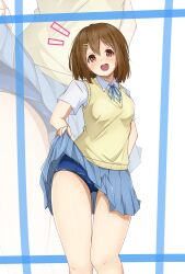 Rule 34 | 1girl, ^^^, absurdres, blue one-piece swimsuit, blue ribbon, blue skirt, brown eyes, brown hair, clothes lift, collared shirt, dress shirt, feet out of frame, gluteal fold, highres, hirasawa yui, k-on!, looking at viewer, neck ribbon, old school swimsuit, one-piece swimsuit, open mouth, ribbon, round teeth, sakuragaoka high school uniform, school swimsuit, school uniform, shirt, short hair, skirt, skirt lift, solo, standing, swimsuit, swimsuit under clothes, teeth, upper teeth only, vest, white background, white shirt, yasuc, yellow vest, zoom layer