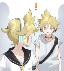 Rule 34 | !, 2boys, aqua eyes, bass clef, black sailor collar, blonde hair, collarbone, collared shirt, commentary, crowd, drawstring, dual persona, grey hoodie, headphones, headset, hood, hoodie, kagamine len, kagamine len (append), looking at another, looking back, male focus, multiple boys, naoko (naonocoto), necktie, parted lips, pendant choker, sailor collar, shirt, short ponytail, short sleeves, shoulder strap, spiked hair, standing, surprised, upper body, vocaloid, vocaloid append, white shirt, yellow necktie