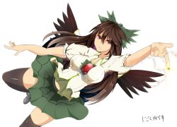 Rule 34 | 1girl, black thighhighs, black wings, bow, breasts, brown hair, cape, closed mouth, collarbone, collared shirt, feathered wings, green bow, green skirt, hair between eyes, hair bow, looking at viewer, medium breasts, mikomachi (35machi), puffy short sleeves, puffy sleeves, red eyes, reiuji utsuho, shirt, short sleeves, simple background, skirt, solo, thighhighs, third eye on chest, touhou, white background, white cape, white shirt, wings