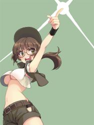 Rule 34 | 1girl, adcd, arm up, baseball cap, belt, black-framed eyewear, blush, breasts, brown hair, crop top, crop top overhang, diffraction spikes, fio germi, glasses, green background, green eyes, hat, medium breasts, metal slug, midriff, navel, open mouth, pointing, ponytail, shirt, short shorts, shorts, solo, sparkle, underboob, white shirt, wristband