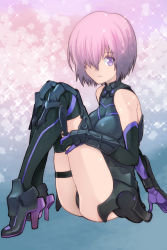 Rule 34 | 1girl, armor, armored leotard, black gloves, black leotard, black thighhighs, breasts, breasts apart, elbow gloves, fate/grand order, fate (series), faulds, gloves, hair over one eye, high heels, kikumaru bunta, leotard, looking at viewer, mash kyrielight, medium breasts, pink hair, purple eyes, shiny clothes, shiny skin, short hair, sitting, solo, sparkle, thigh strap, thighhighs