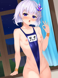 Rule 34 | 1girl, arm support, blush, bracelet, breasts, commission, cowboy shot, daichi (tokoya), fellatio gesture, frontal wedgie, grey hair, hair ornament, hand up, highres, indoors, jewelry, looking at viewer, night, night sky, nipples, open mouth, purple eyes, shironeko project, short hair, skeb commission, sky, small breasts, solo, swimsuit, tina topia, tongue, tongue out, window