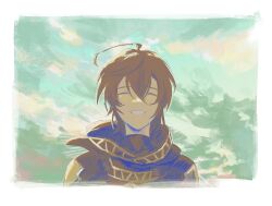 Rule 34 | 1boy, ahoge, armor, bishounen, brown hair, closed eyes, cloud, cloudy sky, commentary, crying, english commentary, granblue fantasy, green background, grin, hair between eyes, happy tears, highres, hood, light blush, male focus, messy hair, portrait, sandalphon (granblue fantasy), short hair, sky, smile, solo focus, t of game, tears