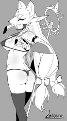 Rule 34 | 1girl, ass, chicago-x, digimon, female focus, fox mask, from behind, grey background, greyscale, highres, long hair, mask, monochrome, sakuyamon, solo, staff