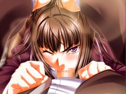 Rule 34 | angry, blush, brown hair, business suit, censored, clothed sex, deepthroat, fellatio, forced, formal, hand on head, irrumatio, looking at viewer, oral, penis, pov, purple eyes, rape, suit, wink