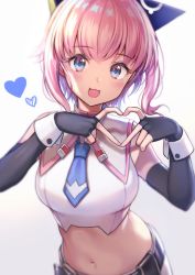 Rule 34 | 1girl, :3, bare shoulders, barefoot, black gloves, blue eyes, blue necktie, blush, bow, commentary request, crop top, dive live japan, elbow gloves, fingerless gloves, gloves, hair bow, heart, heart hands, highres, looking at viewer, moa (virtual youtuber), navel, necktie, nishizawa, open mouth, pink hair, short hair, short necktie, sidelocks, simple background, sleeveless, smile, solo, virtual youtuber, white background, wrist cuffs