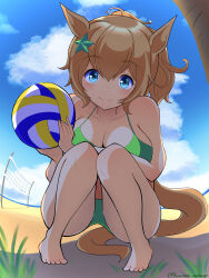 Rule 34 | 1girl, absurdres, alternate costume, animal ears, ball, barefoot, beach, beach volleyball, bikini, blue eyes, blue sky, breasts, brown hair, cleavage, closed mouth, cloud, cloudy sky, commentary request, green bikini, hair between eyes, hair ornament, highres, holding, holding ball, horse ears, horse girl, horse tail, houton tamago, large breasts, looking at viewer, medium hair, ocean, outdoors, ponytail, sand, sky, smile, solo, squatting, star (symbol), star hair ornament, swimsuit, taiki shuttle (umamusume), tail, twitter username, umamusume, volleyball (object), volleyball net, water