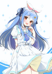 Rule 34 | 1girl, :d, animal ears, blue background, blue bow, blue hair, blush, bow, carrot hair ornament, commentary request, double bun, dress, food-themed hair ornament, hair bow, hair bun, hair ornament, hand up, highres, hololive, long hair, looking at viewer, mochiko tsuru, multicolored hair, open mouth, puffy short sleeves, puffy sleeves, rabbit ears, red eyes, short eyebrows, short sleeves, smile, solo, streaked hair, thick eyebrows, two-tone background, usada pekora, usada pekora (casual), very long hair, virtual youtuber, white background, white dress, white hair