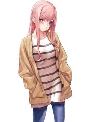 Rule 34 | 1girl, applekun, blue eyes, brown jacket, casual, contrapposto, denim, earrings, embarrassed, fate/grand order, fate (series), hands in pockets, highres, jacket, jeans, jewelry, long hair, looking away, miyamoto musashi (fate), pants, pink hair, shirt, sidelocks, solo, striped clothes, striped shirt, white background, white shirt