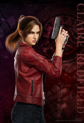 Rule 34 | 1girl, blue jeans, brown eyes, brown hair, capcom, claire redfield, collaboration, crossover, denim, glock, glock ges.m.b.h., gun, handgun, jacket, jeans, little armory, official art, pants, pistol, ponytail, quebico, red jacket, resident evil, resident evil: infinite darkness, tms entertainment, tomytec, weapon