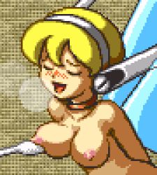 Rule 34 | 1girl, blonde hair, blush, breasts, breath, brown background, collar, collarbone, cotton swab, closed eyes, fairy, fairy wings, happy sex, headset, large breasts, nipples, nude, open mouth, pixel art, saiwai hiroshi, short hair, smile, standing, tinker (wonder project), topless frame, wings, wonder project j