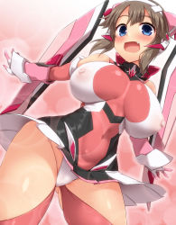 Rule 34 | 1girl, bare shoulders, blue eyes, blush, bodysuit, breasts, brown hair, cameltoe, commission, cosplay, covered erect nipples, covered navel, curvy, detached sleeves, fang, gluteal fold, groin, headgear, highleg, highres, huge breasts, large breasts, looking at viewer, minori (senran kagura), open mouth, pleated skirt, puffy nipples, see-through, senki zesshou symphogear, senran kagura, senran kagura shinovi versus, shiny clothes, sidelocks, skeb commission, skin tight, skirt, smile, solo, standing, thick thighs, thighhighs, thighs, tsukuyomi shirabe, tsukuyomi shirabe (cosplay), wide hips, yoshi tama