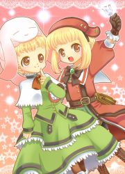 Rule 34 | 2girls, :d, antiphona no seikahime, arm up, blonde hair, bow, bowtie, brown eyes, clara dorfer, coat, creature, dress, finger to mouth, gloves, green dress, kairi (oro-n), miabell dorfer, multiple girls, open mouth, pink background, rento (antiphona), shawl, short hair, siblings, sisters, smile, star (symbol)