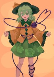 Rule 34 | 1girl, black hat, commentary, english commentary, feet out of frame, floral print, green eyes, green hair, green skirt, hat, hat ribbon, heart, heart of string, highres, himuhino, komeiji koishi, long sleeves, looking at viewer, medium hair, open mouth, orange background, ribbon, rose print, shirt, skirt, smile, solo, third eye, touhou, yellow ribbon, yellow shirt