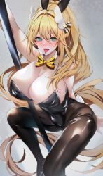 Rule 34 | 1girl, absurdres, animal ear headwear, animal ears, arm behind back, bare shoulders, black gloves, black leotard, blonde hair, blush, bow, bowtie, breasts, brown pantyhose, cleavage, detached collar, fake animal ears, fake tail, fang, gloves, goddess of victory: nikke, green eyes, hair between eyes, hair intakes, hair ornament, highleg, highleg leotard, highres, large breasts, leotard, long hair, minjiharu, official alternate costume, pantyhose, playboy bunny, pole, pole dancing, ponytail, rabbit ears, rabbit tail, rupee (nikke), rupee (rabbit deluxe) (nikke), solo, strapless, strapless leotard, stripper pole, tail, tongue, tongue out, very long hair, wrist cuffs, yellow bow, yellow bowtie