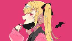 Rule 34 | 1girl, bandaid, bandaid on neck, barbell piercing, bat wings, black mask, blonde hair, commentary request, detached wings, ear piercing, fingernails, from side, hair ornament, hairclip, hoshikawa sara, industrial piercing, kakyoxx, long sleeves, mask, mask pull, mini wings, mouth mask, nail polish, nijisanji, official art, open mouth, piercing, pink background, pink eyes, pink nails, pink sweater, simple background, solo, sweater, twintails, vampire (vocaloid), virtual youtuber, vocaloid, wings, x hair ornament