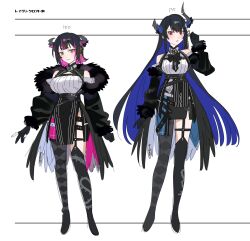 Rule 34 | 2girls, absurdres, aradia ravencroft, asymmetrical horns, black coat, black dress, black gloves, black hair, black neckerchief, blue hair, breasts, character sheet, chest strap, choppy bangs, coat, cropped legs, double-parted bangs, dress, full body, gloves, highres, hololive, hololive english, horns, jailbird (nerissa ravencroft), large breasts, long hair, looking at viewer, medium breasts, mole, mole under eye, mole under mouth, multicolored hair, multiple girls, neckerchief, nerissa ravencroft, nerissa ravencroft (1st costume), partially fingerless gloves, pelvic curtain, pink background, pink hair, pink nails, red eyes, shadow (nerissa ravencroft), siblings, sidelocks, single thighhigh, sisters, sketch, slit pupils, standing, thigh strap, thighhighs, two-tone hair, uneven horns, very long hair, virtual youtuber, waist cape, yomosaka