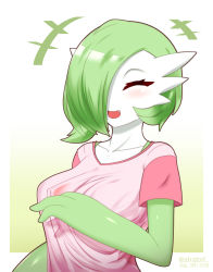 Rule 34 | 1girl, :3, absurdres, akatori (redbird), artist name, blush, breasts, closed eyes, collarbone, creatures (company), dated, fang, female focus, game freak, gardevoir, gen 3 pokemon, gradient background, green hair, hair over one eye, hand up, happy, highres, large breasts, nintendo, open mouth, personification, pink shirt, pokemon, pokemon (creature), shiny skin, shirt, short hair, short sleeves, simple background, smile, solo, twitter username, upper body, watermark, yellow background