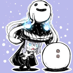 Rule 34 | 10s, 1girl, abyssal ship, aqua eyes, bad id, bad pixiv id, bodysuit, cape, gloves, glowing, glowing eyes, hat, kantai collection, open mouth, pale skin, short hair, silver hair, snow, snowman, solo, sweat, teeth, u-non (annon&#039;an), wo-class aircraft carrier