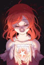 Rule 34 | 1girl, absurdres, artist name, artist request, bare shoulders, black background, blush, breasts, collarbone, dress, closed eyes, female focus, frilled dress, frills, hair between eyes, highres, looking at viewer, love live!, love live! school idol project, nishikino maki, parted lips, purple eyes, red hair, short hair, small breasts, smile, solo, sparkle, star (symbol), upper body, white dress