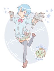 Rule 34 | 10s, 1girl, a kun, blue background, blue eyes, blue hair, blue thighhighs, bow, bowtie, cardigan, character name, copyright name, dual wielding, explosive, expressionless, foreshortening, full body, goutokuji kayo, grenade, gun, holding, loafers, looking at viewer, mac-10/11, matching hair/eyes, miniskirt, pleated skirt, sabagebu!, shoes, short hair, skirt, solo, standing, standing on one leg, star (symbol), submachine gun, thighhighs, weapon, white background