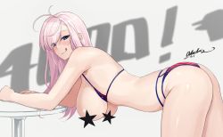Rule 34 | 1girl, ahoge, alternate hairstyle, american flag bikini, arms on table, artist name, ass, bare shoulders, bikini, blue eyes, breasts, censored, censored nipples, covered erect nipples, dated, fate/grand order, fate (series), flag print, hair down, hanging breasts, highres, large breasts, long hair, miyamoto musashi (fate), miyamoto musashi (fate/grand order), miyamoto musashi (swimsuit berserker) (fate), odachu, official alternate costume, on table, pink hair, sideboob, signature, simple background, smile, solo, star censor, swimsuit, table, tongue, tongue out, topless