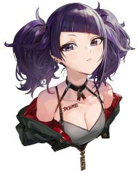 Rule 34 | 1girl, :&lt;, body writing, breasts, choker, cleavage, closed mouth, collarbone, diagonal bangs, earrings, highres, idolmaster, idolmaster shiny colors, jewelry, looking at viewer, medium breasts, modare, multiple earrings, off shoulder, purple eyes, purple hair, simple background, solo, tanaka mamimi, tsurime, twintails, upper body, white background