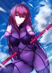 Rule 34 | 1girl, blue sky, bodysuit, breasts, closed mouth, cloud, contrapposto, covered navel, cowboy shot, day, fate/grand order, fate (series), gae bolg (fate), holding, holding behind back, kameponde, large breasts, long hair, looking at viewer, purple bodysuit, purple eyes, purple hair, scathach (fate), shoulder pads, skin tight, sky, smile, solo, standing, very long hair