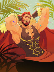 Rule 34 | 1boy, armor, armpits, arms behind head, bara, beard, breastplate, cape, chest hair, cleavage cutout, clothing cutout, facial hair, fate/grand order, fate/zero, fate (series), fur-trimmed cape, fur trim, highres, iskandar (fate), large pectorals, leather, looking at viewer, pectoral cleavage, male focus, manly, muscular, pectorals, pegushi, plant, raised eyebrow, red cape, red eyes, red hair, short hair, smug, solo, sparkle, upper body