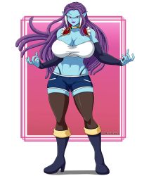 Rule 34 | 1girl, absurdres, bare shoulders, blue skin, boots, breasts, cleavage cutout, clothing cutout, colored skin, dragon ball, dragon ball super, dreadlocks, female focus, gas (dragon ball), genderswap, genderswap (mtf), gloves, highres, horns, large breasts, lipstick, looking at viewer, makeup, midriff, navel, purple eyes, purple hair, serious, shorts, solo, thick thighs, thighhighs, thighs