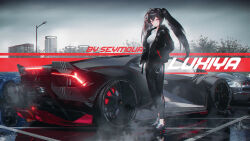 Rule 34 | 1girl, absurdres, artist name, black hair, black jacket, car, character name, city, cloud, cloudy sky, commentary request, full body, highres, jacket, long hair, looking at viewer, lucia: plume (punishing: gray raven), lucia (punishing: gray raven), motor vehicle, multicolored hair, outdoors, punishing: gray raven, red eyes, red hair, scenery, seymour (sai lu er), shirt, sky, solo, standing, twintails, urban, white shirt