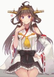 Rule 34 | 1girl, ahoge, black skirt, boots, brown hair, detached sleeves, double bun, finger to mouth, hair bun, hairband, hakama, hakama short skirt, hakama skirt, headgear, japanese clothes, kantai collection, kasumi (skchkko), kongou (kancolle), kongou kai ni (kancolle), long hair, pleated skirt, popped collar, ribbon-trimmed sleeves, ribbon trim, simple background, sitting, skirt, solo, thigh boots, thighhighs, white background