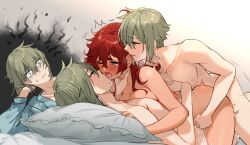 Rule 34 | 1girl, 3boys, absurdres, aki663, anal, anger vein, angry, ass, blue eyes, boy on top, breast press, breasts, clone, completely nude, dark-skinned female, dark skin, double penetration, earrings, elan ceres, french kiss, girl on top, green eyes, green hair, group sex, gundam, gundam suisei no majo, hetero, highres, interracial, jealous, jewelry, kiss, large breasts, long hair, mmf threesome, multiple boys, nude, pillow, red hair, sandwiched, sex, shaded face, short hair, spoilers, suletta mercury, tears, threesome, tongue, tongue out, vaginal, wince