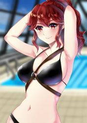 Rule 34 | 1girl, alternate costume, anna (fire emblem), armpits, arms behind head, arms up, bikini, black bikini, blurry, blurry background, blush, breasts, closed mouth, collarbone, commentary request, fire emblem, hair between eyes, indoors, large breasts, lips, long hair, looking at viewer, navel, nintendo, pink lips, ponytail, pool, red eyes, red hair, rei no pool, sideboob, sidelocks, smile, solo, swimsuit, tara (szzj7733), upper body