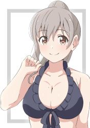 Rule 34 | 1girl, arm up, black bra, bra, breasts, closed mouth, crust gm0, dot nose, grey hair, highres, koisuru asteroid, large breasts, looking at viewer, mole, mole on breast, mole under eye, morino mari, ponytail, simple background, smile, solo, standing, underwear, white background