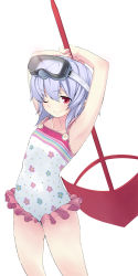 Rule 34 | 1girl, blue hair, casual one-piece swimsuit, child, diving mask, female focus, frilled swimsuit, frills, goggles, hidori (hibi toridori), long image, one-piece swimsuit, one eye closed, polearm, polka dot, polka dot swimsuit, remilia scarlet, short hair, solo, spear, spear the gungnir, swimsuit, tall image, touhou, weapon, wink