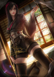 Rule 34 | 1girl, axsen, bike shorts, black hair, black kimono, black nails, black shorts, black thighhighs, bow, closed mouth, dress bow, dutch angle, final fantasy, final fantasy vii, flower, garter straps, hair between eyes, hair flower, hair ornament, hairband, highres, indoors, japanese clothes, kimono, kneeling, layered clothes, layered kimono, long hair, long sleeves, looking at viewer, nail polish, official alternate costume, red eyes, red flower, red lips, short kimono, short shorts, shorts, skindentation, solo, square enix, thighhighs, tifa lockhart, wall market, watermark