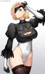 Rule 34 | 1girl, 2b (nier:automata), 2b (nier:automata) (cosplay), absurdres, android 18, black blindfold, black gloves, black thighhighs, blindfold, blindfold lift, blonde hair, blue eyes, breasts, breasts apart, brown thighhighs, cleavage cutout, closed mouth, clothing cutout, cosplay, covered navel, cowboy shot, dragon ball, dragonball z, earrings, facing viewer, gloves, grey background, heattech leotard, highleg, highleg leotard, highres, hioyami, jewelry, juliet sleeves, large breasts, leotard, long sleeves, looking at viewer, nier:automata, nier (series), patreon username, puffy sleeves, short hair, simple background, skindentation, standing, thighhighs, trait connection, turtleneck, two-tone gloves, two-tone leotard, white gloves, white leotard