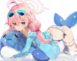 Rule 34 | 1girl, ahoge, bikini, blue-tinted eyewear, blue archive, blue eyes, blue jacket, eyewear on head, frilled bikini, frills, hair bobbles, hair ornament, halo, heterochromia, highres, hoshino (blue archive), hoshino (swimsuit) (blue archive), inflatable toy, inflatable whale, jacket, long hair, long sleeves, looking at viewer, low twintails, lying, miyakawa106, navel, official alternate costume, open clothes, open jacket, open mouth, pink hair, smile, solo, sunglasses, swimsuit, tinted eyewear, twintails, very long hair, white-framed eyewear, white bikini, yellow eyes