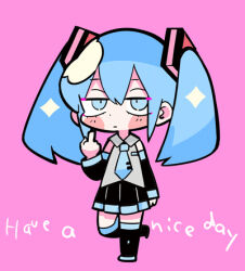 Rule 34 | 1girl, alternate hair length, alternate hairstyle, bare shoulders, black footwear, black skirt, black sleeves, blue eyes, blue hair, blue necktie, blush stickers, boots, closed mouth, collared shirt, detached sleeves, english text, expressionless, eyelashes, full body, grey shirt, hair ornament, half-closed eyes, hatsune miku, knee boots, long hair, long sleeves, lowres, middle finger, miniskirt, necktie, pink background, pleated skirt, pocket, shirt, simple background, skirt, sleeveless, sleeveless shirt, solo, sparkle, terada tera, tie clip, twintails, vocaloid