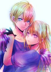 Rule 34 | 1boy, 1girl, artist name, blonde hair, blue eyes, blue shirt, brother and sister, closed mouth, collarbone, commentary request, feather-trimmed sleeves, gloves, hair between eyes, half gloves, highres, hoshino aquamarine, hoshino ruby, idol clothes, light particles, long hair, looking at viewer, mismatched pupils, one side up, oshi no ko, parted lips, partial commentary, pink eyes, puffy short sleeves, puffy sleeves, runa rainfall, shirt, short hair, short sleeves, siblings, sidelocks, simple background, star-shaped pupils, star (symbol), symbol-shaped pupils, twins, upper body, white background