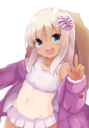 Rule 34 | 1girl, :d, bikini, bikini skirt, blue eyes, blush, commentary request, dutch angle, hair between eyes, hand up, hat, hat on back, head tilt, highres, jacket, kantai collection, long hair, long sleeves, navel, off shoulder, one-piece tan, open clothes, open jacket, open mouth, purple jacket, ro-500 (kancolle), simple background, sleeves past wrists, smile, solar milk, solo, sun hat, swimsuit, tan, tanline, v, white background, white bikini, white hair