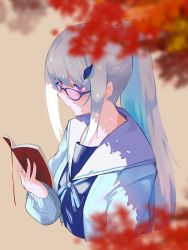 Rule 34 | 1girl, blue jacket, blue shirt, blurry, blurry foreground, book, breasts, brown background, colored inner hair, cropped torso, glasses, gohan (gohanchang), grey hair, hair ornament, holding, holding book, jacket, lize helesta, long hair, long sleeves, multicolored hair, nijisanji, open book, ponytail, purple eyes, shirt, sidelocks, simple background, small breasts, solo, upper body, virtual youtuber