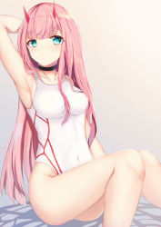 Rule 34 | 10s, 1girl, airool, aqua eyes, arm up, armpits, bare arms, bare shoulders, blush, breasts, brown background, casual one-piece swimsuit, collarbone, commentary, covered navel, darling in the franxx, gradient background, highres, horns, large breasts, long hair, looking at viewer, medium breasts, one-piece swimsuit, pink hair, purple background, sitting, solo, swimsuit, very long hair, white one-piece swimsuit, zero two (darling in the franxx)