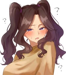 1girl blush breasts brown_hair cana_alberona fairy_tail large_breasts long_hair looking_at_viewer purple_eyes solo twintails