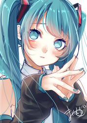 Rule 34 | 1girl, absurdres, aqua eyes, aqua hair, aqua nails, aqua necktie, bare shoulders, black sleeves, blush, closed mouth, detached sleeves, hatsune miku, highres, long hair, looking at viewer, mai mugi, necktie, own hands together, shirt, sidelocks, signature, simple background, sleeveless, sleeveless shirt, solo, twintails, very long hair, vocaloid, white background, white shirt