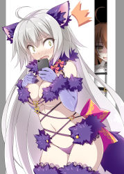 Rule 34 | &gt;:o, 2girls, :d, :o, ^^^, absurdres, animal costume, animal ears, bare shoulders, blonde hair, blush, border, bow, breast suppress, breasts, cellphone, cleavage, cosplay, cowboy shot, detached collar, elbow gloves, embarrassed, eyebrows, fang, fate/grand order, fate (series), fujimaru ritsuka (female), fur trim, gloves, grey border, hair over one eye, halloween costume, hand on breast, highres, holding, holding phone, jeanne d&#039;arc (fate), jeanne d&#039;arc (ruler) (fate), jeanne d&#039;arc alter (avenger) (fate), jeanne d&#039;arc alter (fate), lace, lace-trimmed legwear, lace trim, large breasts, long hair, looking at viewer, mash kyrielight, mash kyrielight (dangerous beast), mash kyrielight (dangerous beast) (cosplay), multiple girls, navel, o-ring, official alternate costume, one eye covered, open door, open mouth, orange hair, outside border, panties, peeking out, phone, pillarboxed, purple gloves, purple legwear, purple panties, revealing clothes, shaded face, shielder (fate/grand order), shielder (fate/grand order) (cosplay), short hair, silver hair, smile, stomach, strap gap, striped, striped bow, surprised, suzuri (tennenseki), sweat, tail, thighhighs, underwear, v-shaped eyebrows, very long hair, wavy mouth, white background, wolf costume, wolf ears, wolf tail, yellow eyes