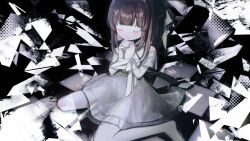 Rule 34 | 1girl, abstract background, bare shoulders, blush, bound, bound wrists, bow, closed eyes, dress, fallenshadow, hair bow, highres, indie virtual youtuber, medium hair, mercure 1104, monochrome, no shoes, off-shoulder dress, off shoulder, own hands together, pantyhose, ribbon, sitting, smile, solo, spot color, virtual youtuber, wariza