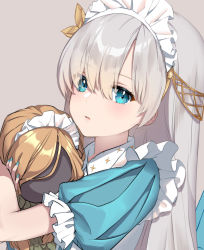 Rule 34 | 1girl, alternate costume, anastasia (fate), blue nails, blush, fate/grand order, fate (series), grey hair, looking at viewer, lucidsky, maid, maid headdress, nail polish, puffy short sleeves, puffy sleeves, short sleeves, solo, upper body